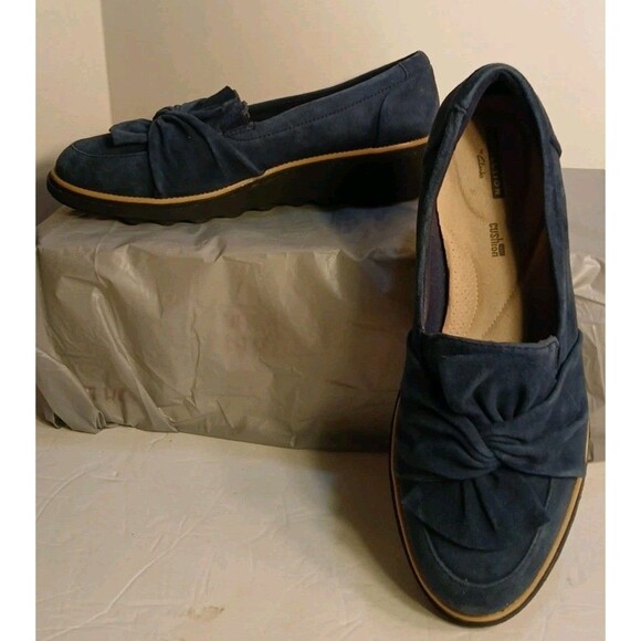 Clarks SHARON DASHER Blue Suede Designer Wedge Loafer WMS 10W  NEW ($110) - Picture 2 of 16